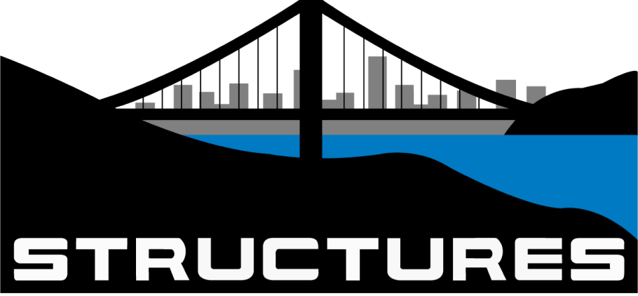 Structures, Inc. Logo — Black silhouette of suspension bridge over water with grey skyline behind